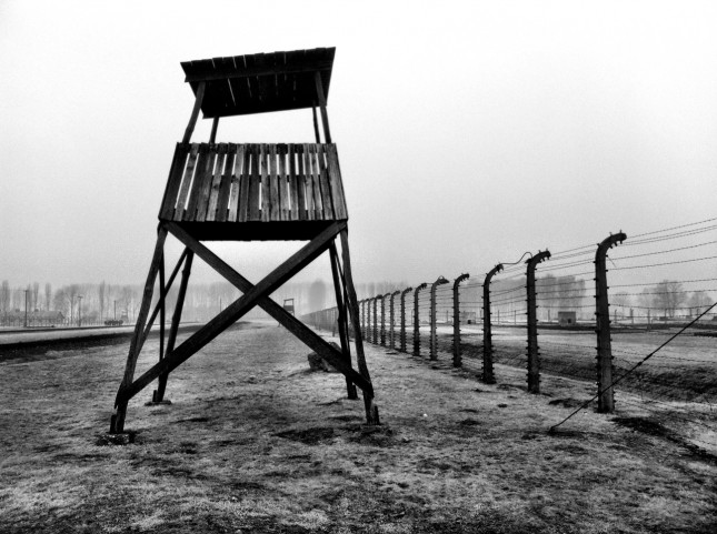 A guards watchtower looks out over the bleak landscape of former prisoner huts at Auschwitz II-Birkenau