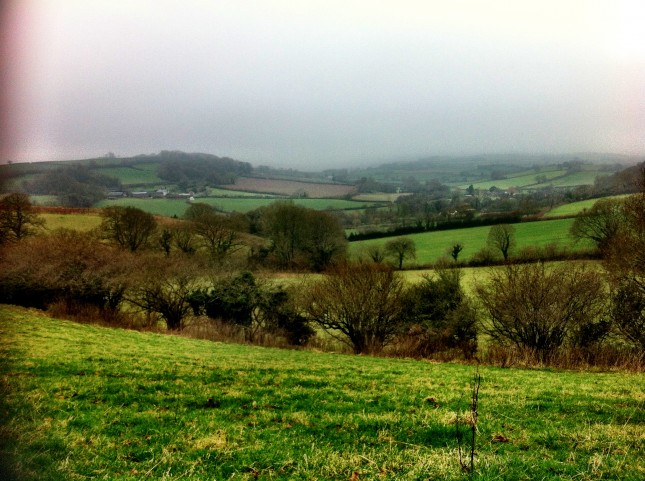 Looking Across Fields Towards Oakhampton Quarry and Home as Rain Approaches and Visibility Drops