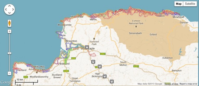 A map showing that section of coast path between Minehead and Clovelly